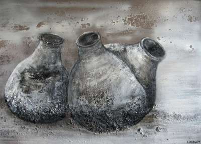 oude kruiken acryl op doek 70 op 100 cm