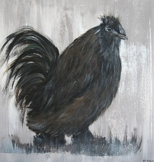 zwarte haan (acryl op doek 40 op 40 cm) verkocht