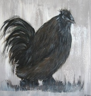 zwarte haan (acryl op doek 40 op 40 cm) verkocht